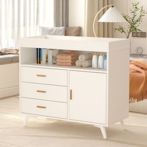Nursery Dresser with Baby Changing Table,Diaper Changer Tables with 3-Drawer & Shelves, Wooden Baby Dresser with Top, Wood Diaper Changing Station