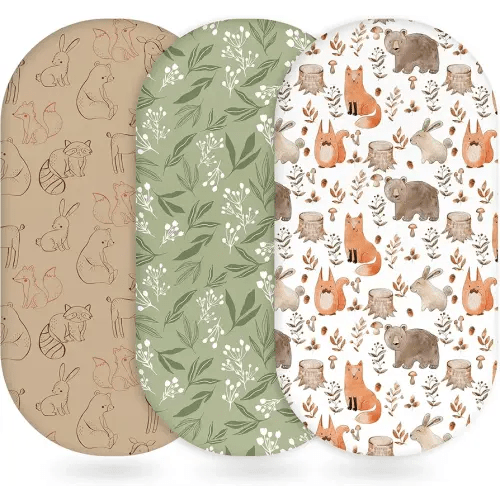 Baby Bassinet Sheets Girl Boy, Fitted Bassinet Sheet Set 3 Pack Bassinet Mattress Sheets Universal Fit for Rectangle, Round, Oval, Hourglass Mattress, Soft Breathable Green & Brown Fox