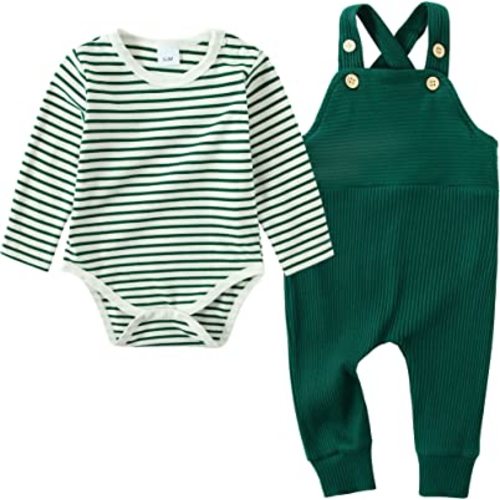 YUEMION Newborn Baby Boy Clothes,2Pcs Infant Boy Romper Bodysuit Spring/Summer Stripe Outfits +Bib Overall Pants(0-18 Month)