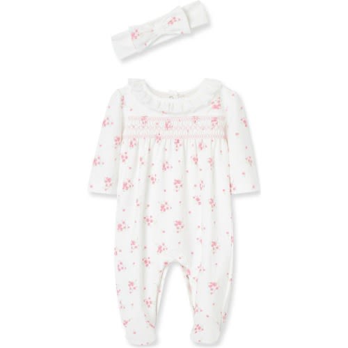 Baby Rose Smocked Yoke Cotton Footie & Headband Set, 6M, Pink