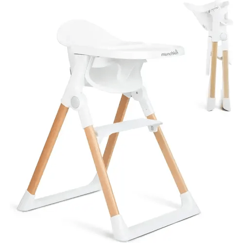 Munchkin Float Baby High Chair for Babies and Toddlers, Foldable for Easy Storage, White with Wooden Legs