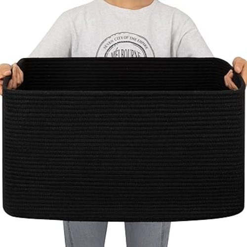 OIAHOMY 75L Large Blanket Basket, Storage Baskets with Handle, Rectangle Woven Cotton Rope Basket, Toy Organizer Bins, 22" x 17"x 12" in,Charcoal Black