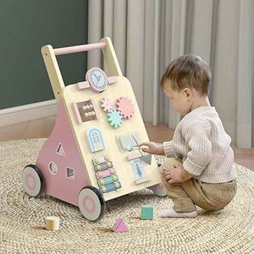 Wooden Baby Walker with Wheel Pink Baby Push Walker for Girl 6-12 Month Walking Toy Push Toy Learning to Walk Toddler Activity Walker Toy with Adjustable Height, Pink