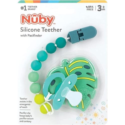 Nuby All Silicone Teether with Bonus Silicone Pacifinder with Clip - 3+ Months, 1pk,Monstera Leaf