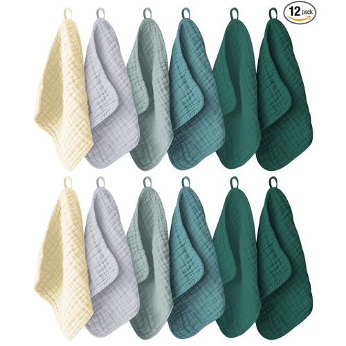 12 Pack Muslin Washcloths for Baby - 100% Cotton Baby Wash Cloths for or Baby Face Body Comfy and Soft for Newborn Infants Kids Girls and Boys - 12"x12" - Ivory, Slate and Emerald Series