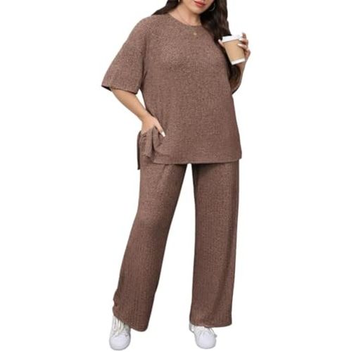 Beautife Womens Plus Size Lounge Sets Short Sleeve Tops and Wide Leg Pants Airport Travel 2 Piece Outfits Tracksuit