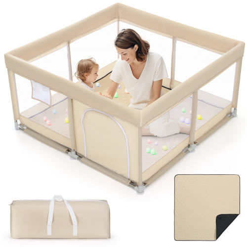 TEAYINGDE Baby Playpen Large Play Yard Fence With Mat for Toddlers, 50"x50" Khaki