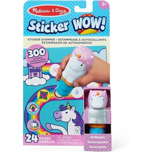 Melissa & Doug Sticker WOW!™ 24-Page Activity Pad and Sticker Stamper, 300 Stickers, Arts and Crafts Fidget Toy Collectible Character – Unicorn - FSC Certified