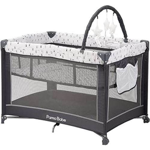 Pamo Babe Portable Playard,Sturdy Play Yard with Padded Mat and Toy bar with Soft Toys (Grey)