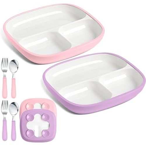2 Pcs Kids Porcelain Plates with Silicone Sleeves Toddlers 8.2 Inch Large Divided Plates White Porcelain Dishes 2 Pack Spoons and Forks Set Microwave Dishwasher Friendly(Pink,Purple)