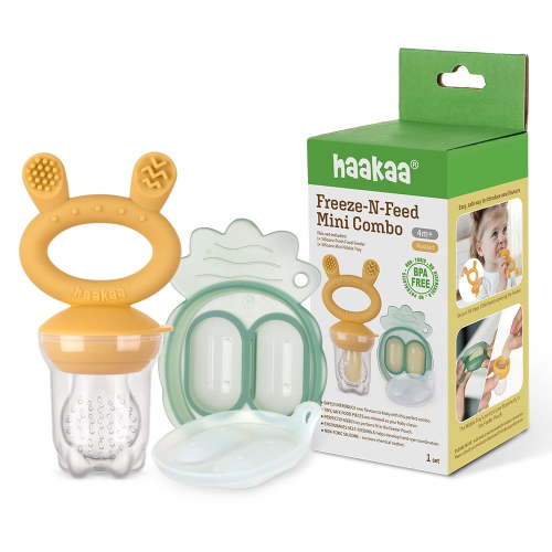 Haakaa Freeze-N-Feed Mini Combo with Silicone Food Feeder & Silicone Mini Nibble Tray|Baby Solid Food Self Feeder|Breastmilk Popsicle Mold Storage & Feeder for Soothing Baby Gums 1 PK (Mustard)