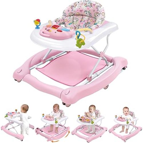 Foldable Baby 5-in-1 Activity Walker - Rocker, Activity Center, Bouncer, Seat Walker, Push Walker - Adjustable Speed Rear Wheels and Height Toys Ages 6-18 Months… (Pink)