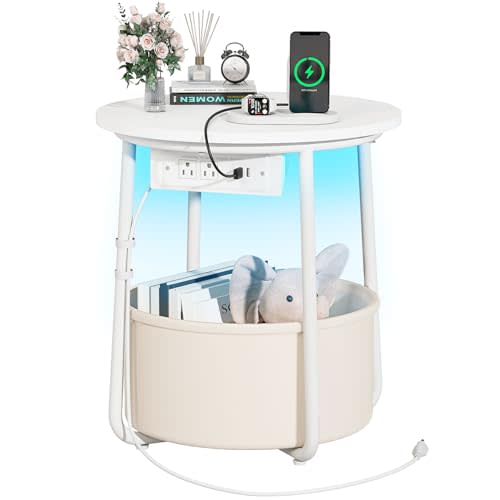 Yoobure Small Side Table, LED Night Stand with Charger Station, Round End Table Side Tables Living Room with Fabric Basket, Bedside Table End Tables Bedroom, Storage Accent Table for Small Spaces