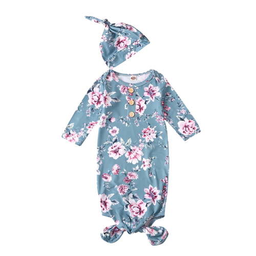 WIBACKER Baby Girls Nightgowns Milk Silk Sleeper Bag Newborn Coming Home Outfits Floral Knotted Gown with Hat