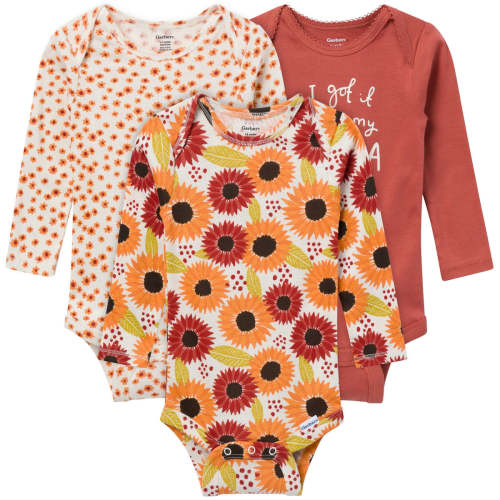 3-Pack Baby Girls Sunflower Long Sleeve Onesies® Bodysuits – Gerber Childrenswear