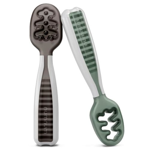 NumNum Baby Spoons Set, Pre-Spoon GOOtensils for Kids Aged 6+ Months - First Stage, Baby Led Weaning (BLW) Teething Spoon - Self Feeding, Silicone Toddler Food Utensils - 2 Spoons, Gray/Green - Storm Gray/Glacier Green