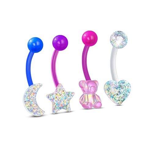 Cocharm 4PCS Colorful Plastic Pregnancy Belly Button Rings 14G Cute Acrylic Navel Rings for Women Bioflex Belly Piercing Jewelry
