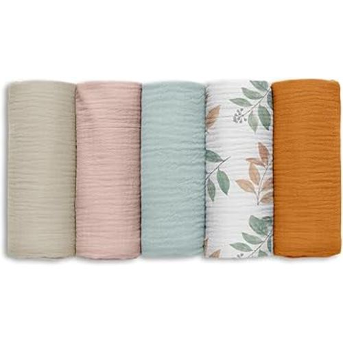Muslin Receiving Blankets, Neutral Blanket Swaddling for Newborn Boys and Girls, 5 Pack Breathable and Skin-Friendly Swaddle Wrap for Infant Baby (Gentle Colors)