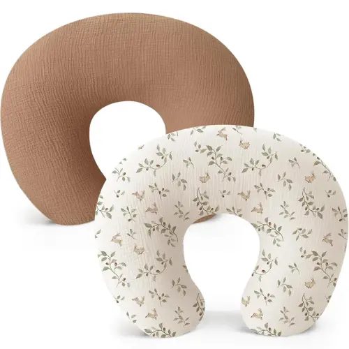 Konssy 2-Pack Muslin Nursing Pillow Covers, Soft & Adorable Nursing Covers for Breastfeeding Pillows, Slipcovers for Newborn Boys & Girls(Chestnut, Rabbit)