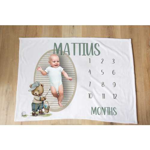 Golf Teddy Bear Milestone Blanket Boy: Personalized Baby Growth Tracker