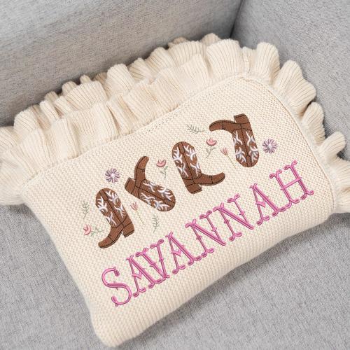 Cowboy Boots Personalized Baby Blanket, Embroidered Western Cowgirl Nursery Blanket, Custom Name Baby Knit Blanket, Baby Girl Shower Gift