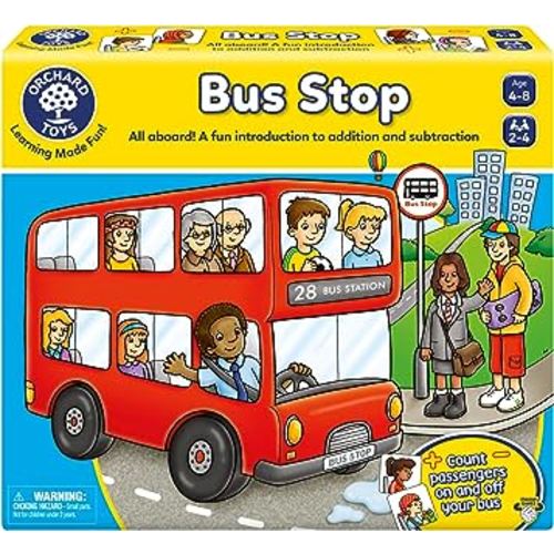 Orchard Toys Moose Games Bus Stop Game. A Fun Introduction to Addition and Subtraction. Pick up and Drop Off Passengers on Your Bus. for Ages 4-8 and for 2-4 Players