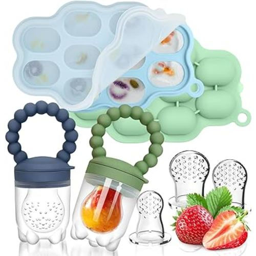 Silicone Baby Fruit Food Feeder, 2 Pack Freezer Tray with lid for Batch Prep,Introduce New Foods, Breastmilk Popsicle Molds, Silicone Teething Toys, Includes 6 Extra Food Pacifier