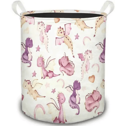 Pink Purple Dragon Nursery Laundry Basket, Fantasy Cute Dragons Foldable Laundry Hamper With Handles Clothes Toys Storage Basket for Baby Girl Nursery Bedroom Kids Room Bathroom