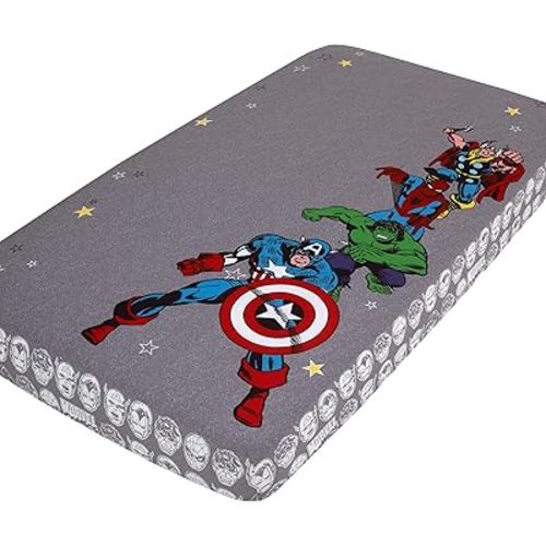 Marvel Comics Grey, White, Red, and Blue, Captain America, Hulk, Spiderman and Thor Photo Op Fitted Crib Sheet