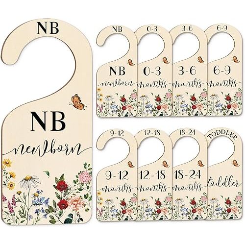 Whaline 8Pcs Baby Closet Size Dividers Vintage Wildflower Hanging Wood Baby Closet Organizer Newborn to 24 Months Thicken Baby Wardrobe Organizer for Home Nursery