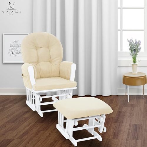 Naomi Home Brisbane Glider and Ottoman Set with Smooth Rocking & Gliding Motion, Ergonomic High-Back Support, Cushioned Armrests, Solid Wood Base, Storage Pockets, Espresso/Cream Nursery Chair