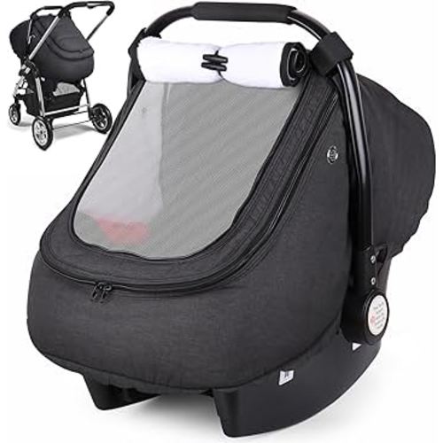 Rquite Car Seat Cover Baby, Carseat Covers Boy Girl, 2 Layers Window -Breathable Mesh & Wind/Sun Shade, Infant Car Seat Canopy Baby Carrier/Stroller Cover, Fit Spring, Fall, Winter, Cold Weather