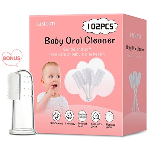 102PCS Baby Tongue Cleaner,Baby Oral Cleaner Newborn Baby Toothbrush,Disposable Infant Toothbrush Clean Baby Mouth,Gauze Gum Cleaner Stick Dental Care for 0-36 Month Baby+1 Finger Toothbrush with Case