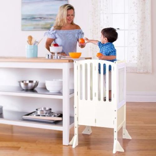 Guidecraft Contemporary Kitchen Helper Toddler Step Stool - Ivory: Adjustable, Kids Foldable Learning Toddler Tower with Safety Mat