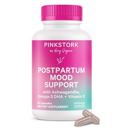 Pink Stork Postpartum Mood Support - Postnatal Hormone Balance for Women - Breastfeeding Friendly - Stress & Cognitive Support, New Mom Essentials - Ashwagandha, Chamomile, & Vitamin D, 60 Capsules