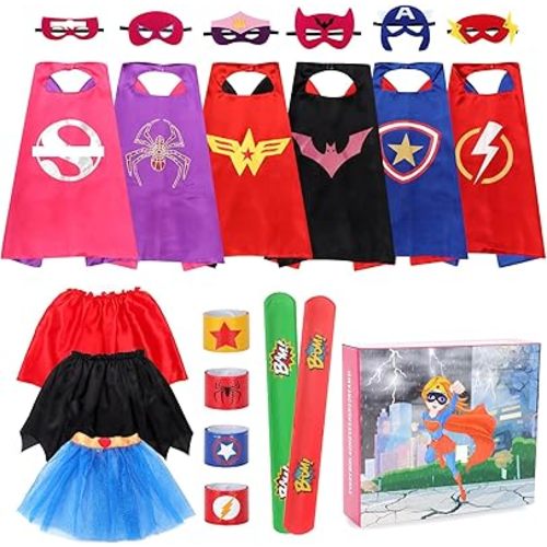kuaima Superhero Capes and Masks for Girls - Kids Halloween Cosplay Dress Up Costumes with Skirt and Wristbands for Girls Birthday Party Gifts