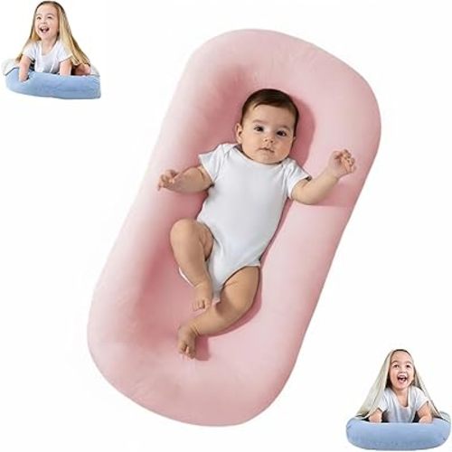 Baby Lounger for Newborn to 24 Months, Bionic Design, Soft Organic Cotton, Breathable, Portable Nest for Baby Home & Travel (Pink)