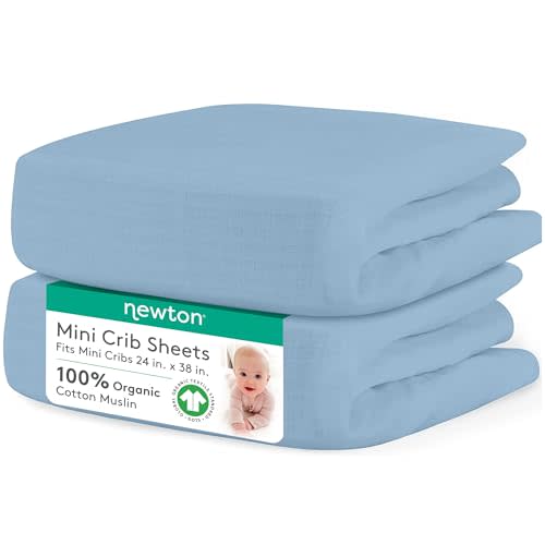 Newton Baby Mini Crib Sheets (2-Pack) | Organic Muslin Cotton, Ultra Breathable & Soft Baby Sheets, Machine Washable Baby Mattress Sheets, Fits Any Mini Sized Crib 24" x 38", Sky Blue