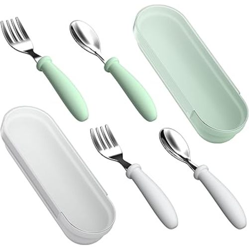 WXCWYQR Toddler Utensils, Kids Stainless Steel Silverware Set, Toddler Forks and Spoons, Baby Utensils Set with Storage Box for Self Feeding Safe, Dishwasher Safe (2 Set with Case)