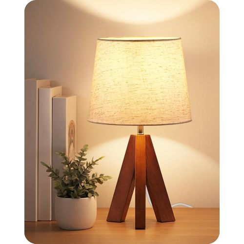 Tripod Table Lamp, 14.6 Inch Small Bedside Lamp with Beige Linen Shade, Modern Nightstand Lamp for Bedroom, Kids Room, Living Room, Nursery, Office, E26 Socket, Dark Wood Base, LE51TL05