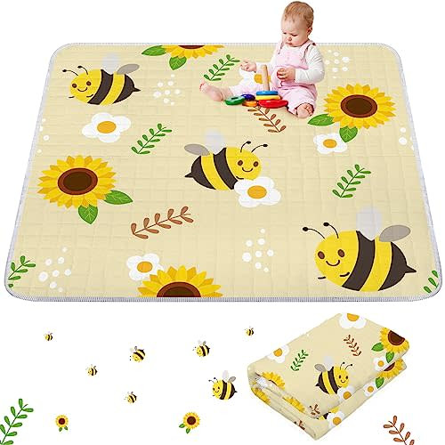 Wesiti Bee Sunflower Portable Baby Play Mat 50 x 50 Washable Foldable Crawling Mat Non Slip Cushioned Kids Playmats Pad for Floor Playpen Toddler Infants Tummy Time Activity