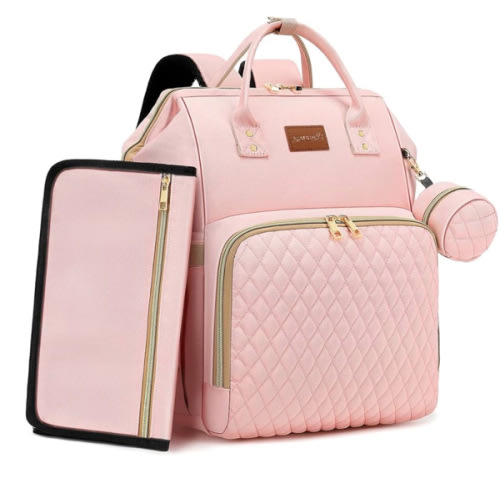 Pink Diaper Bag Backpack for Baby Girls - Baby Shower Gifts for Mom, Quilted Diaper Bag with Changing Pad, Pacifier Case, Insulated Pockets, Stroller Straps, 35L Large Capacity - Cute