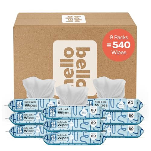 Hello Bello Extra Gentle Unscented Baby Wipes - Plant Based - Made with 99% Water and Aloe for Babies and Kids - 60 Count (Pack of 9) Total 540 Count