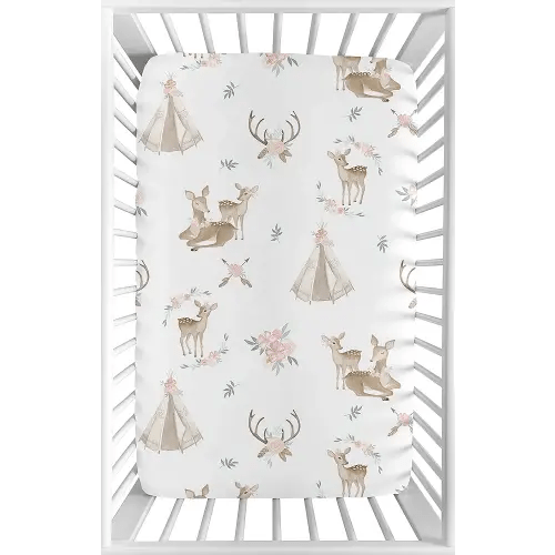 Sweet Jojo Designs Blush Pink, Mint Green and White Boho Baby Girl Fitted Mini Portable Crib Sheet for Woodland Deer Floral Collection - for Mini Crib or Pack and Play ONLY