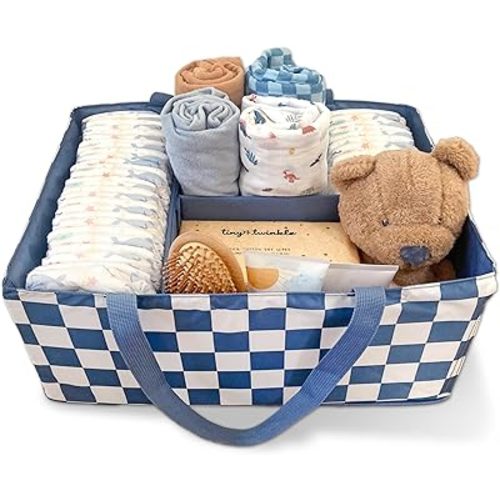 Tiny Twinkle Diaper Caddy Organizer | Foldable Baby Storage Basket with Removable Divider | Waterproof & Mess-Proof Fabric, Portable Nursery Organizer for Newborn Essentials (Blue Checkers)
