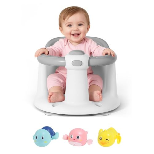 Baby Bath Seat for Babies 6 Months & Up - Bathtub Seats for Babies with 3 Baby Bath Toys, Non-Slip, Comfortable, Infant Bath Essentials-Grey