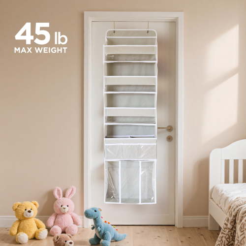 Babyomi Over-the-Door-Organizer with 5-Tier 19-Pocket and 1 Move Pocket, Mental Hooks Hanging Storage Hanging Storage for Baby Nursery Bathroom, Gray