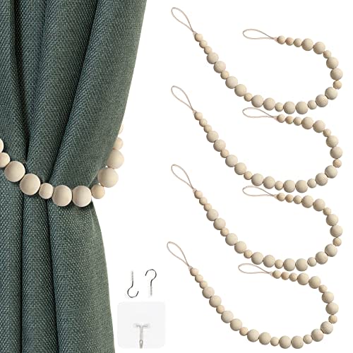 4 Pcs Wood Bead Curtain Tiebacks Curtain Ties Curtain Holdbacks Curtain Tie Back Window Treatment with Hooks for Home Wall Holiday Decoration (Wood Color, 4)