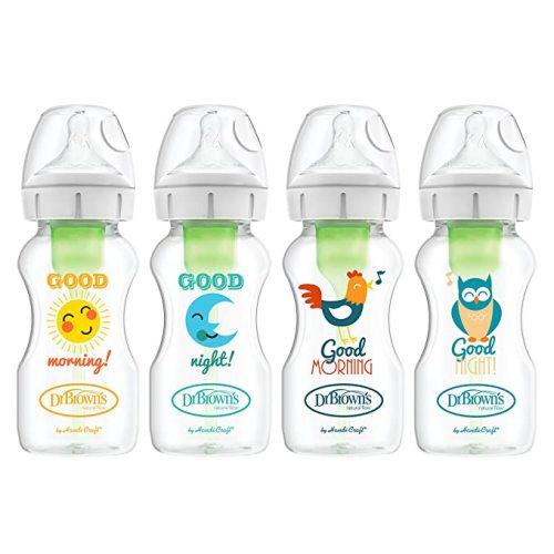 Dr. Brown's Natural Flow Anti-Colic Options+ Wide-Neck Baby Bottles, 9 oz/270 mL, with Level 1 Slow Flow Nipple, 4 Pack Good Morning/Good Night Gift Set