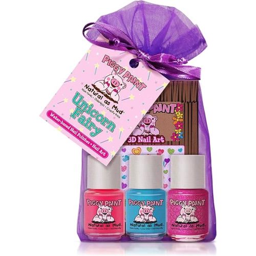Piggy Paint Nail Polish - Non-Toxic Polish for Little Girls, Toddlers, & Kids, Water Based Formula, Safe, Cruelty Free, Vegan, & Natural, Durable Finish - Unicorn Fairy (3 Colors + Nail Art Set)